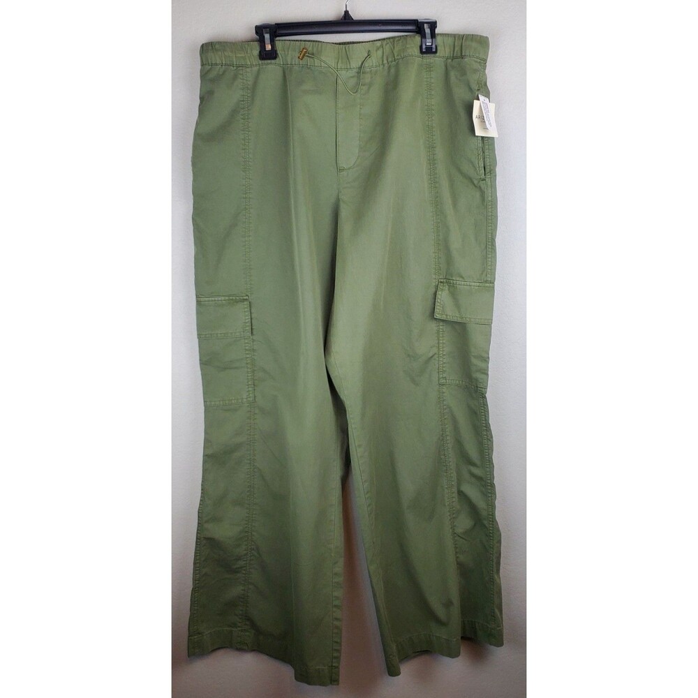 NWT Arizona Womens XL Low Rise Wide Leg Cargo Pants Green 100% Cotton Drawstring